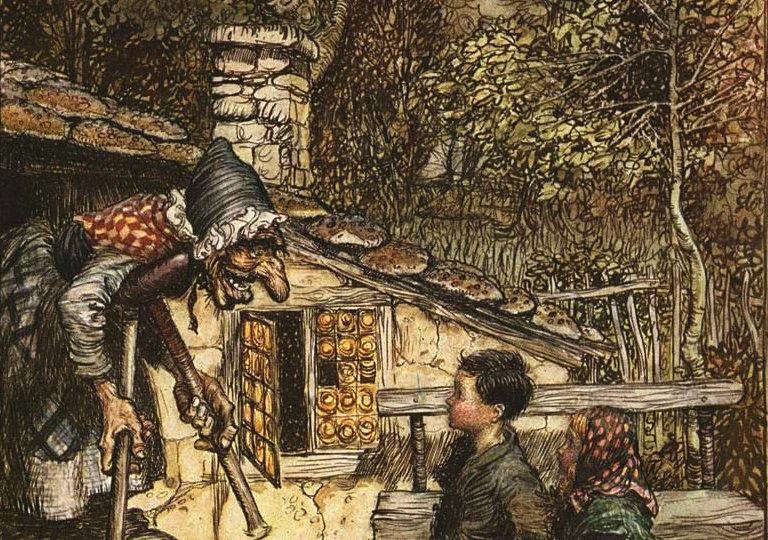 Gut und Böse im Märchen Hänsel und Gretel vor dem Haus der Hexe